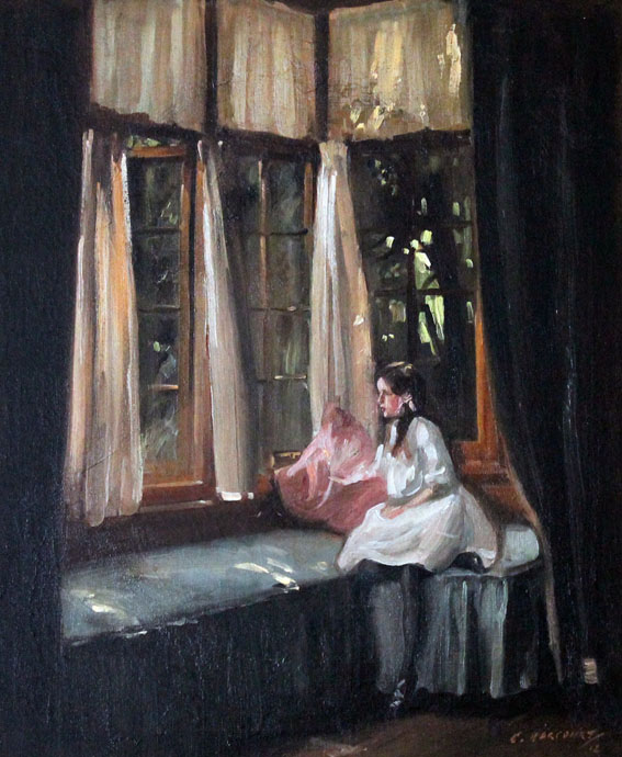 oil painting of girl looking out from window seat
