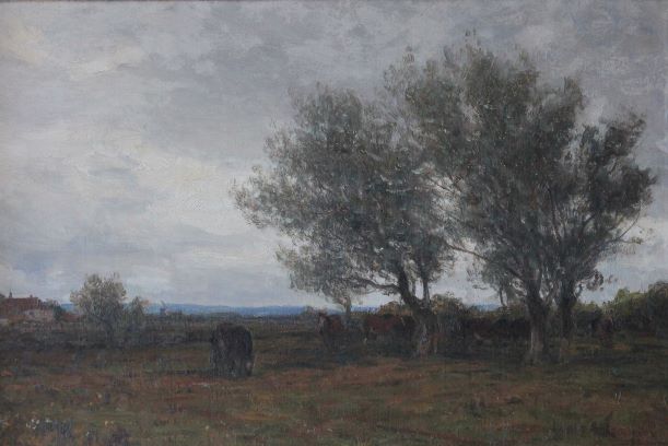 old oil painting showing horses grazing under trees in common land