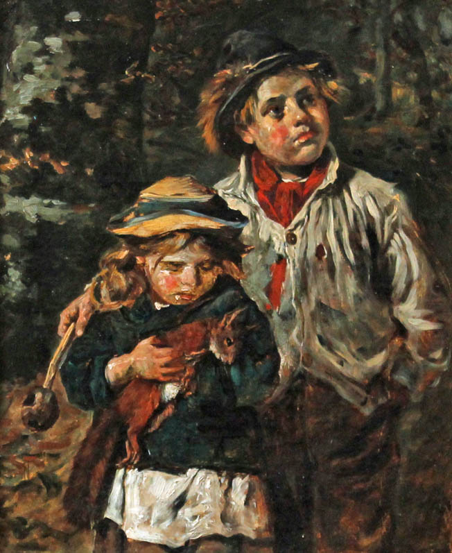 john emms painting of boy and girl walking in the New Forest, Hampshire, carrying an injured red squirrel